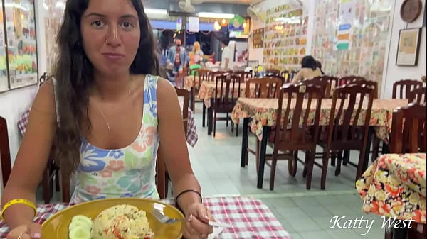 Katty eats lunch in an Asian cafe without panties and flashing pussy in public