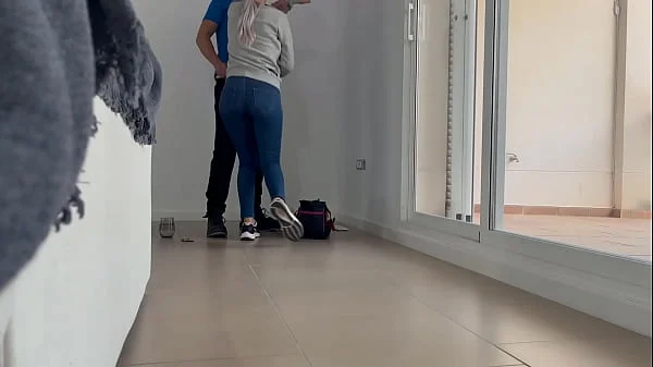 I call the young electrician to fix the plug and give him a blowjob and surprise fuck him without him knowing