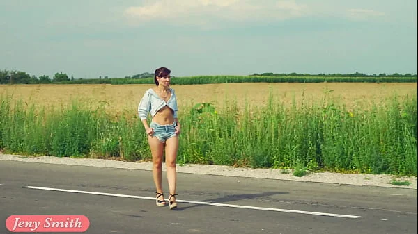 Doroga: Jeny Smith solo naked on the road. Teasing you