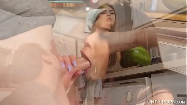 My stepsister catches me fucking a watermelon and then she wants to give me a blowjob