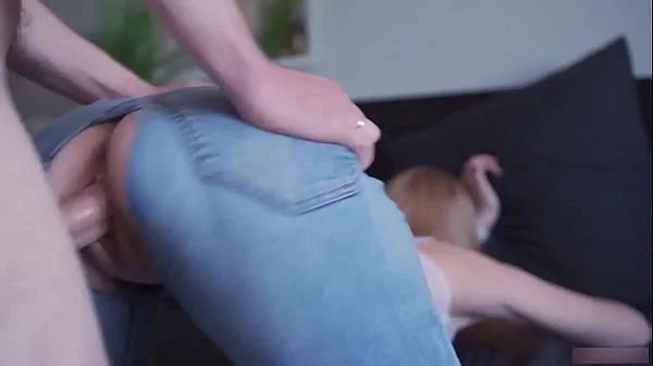 Fit girl in ripped jeans cums from a hard fuck